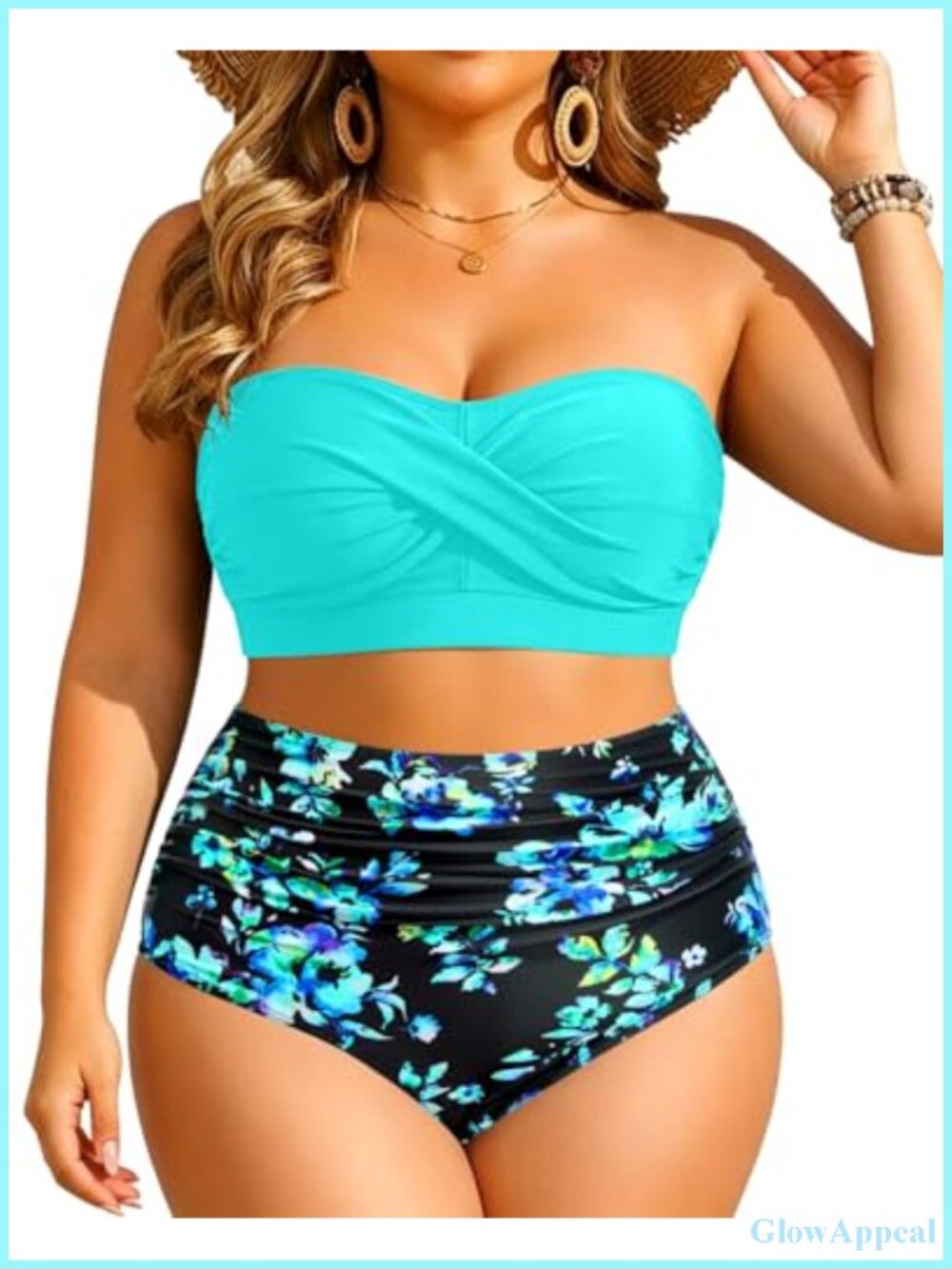 Plus Size Two Piece Bandeau Bikini with Tummy Control High Waist Bottom